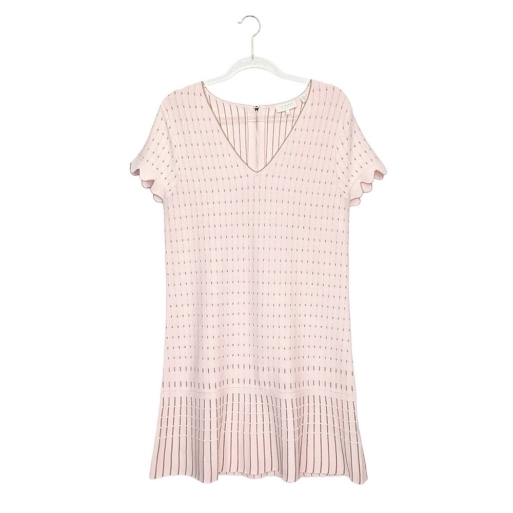 Ted Baker Maciiey Sweater Dress Soft Pink & Gold Size 8 Dropped Waist Mini EUC